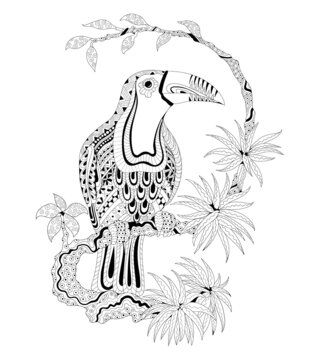 Vector illustration of a black and white image of a toucan in the crown of a tree. Hand drawing in zentangle style for t-shirt or tattoo design. anti stress coloring book with wildlife.