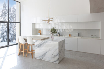 luxury interior design of modern trendy snow white kitchen in minimalistic style with island and two bar stools. huge windows to the floor and a glass rack for dishes