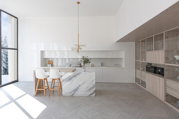 luxury interior design of modern trendy snow white kitchen in minimalistic style with island and two bar stools. huge windows to the floor and a glass rack for dishes