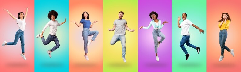 Multinational young people having fun over colorful studio backgrounds, collage