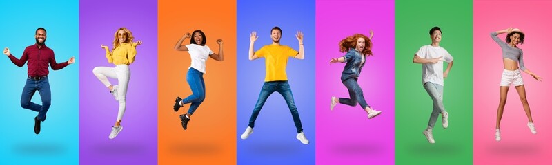 Collage of emotional young people jumping on colorful studio backgrounds