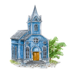 watercolor illustration of blue old church. Cathedral in blue