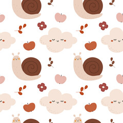 Seamless pattern with a cute snail, print for fabric, covers. Vector illustration.