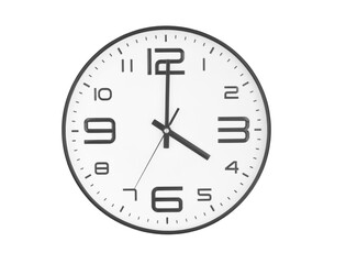 Black and white round wall clock isolated on white background, time 4 hr 00 min.