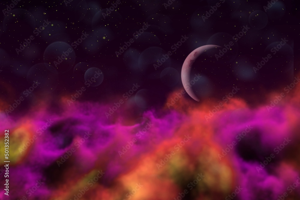 Wall mural abstract background creative illustration of fantasy sky with moon with lights bokeh effect you can 