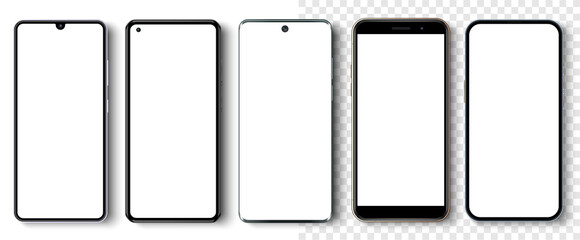 High quality realistic trendy no frame smartphone with blank white screen. Mockup phone for visual ui app demonstration. High detailed phone in front view isolated on a white background. - obrazy, fototapety, plakaty