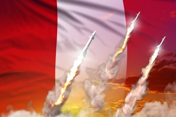 Modern strategic rocket forces concept on sunset background, Peru supersonic warhead attack - military industrial 3D illustration, nuke with flag