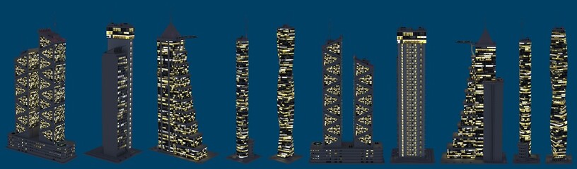 3d illustration of skyscrapers - various fictional architecture at dusk with lights turned on - isolated on dark blue, top view