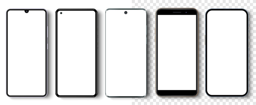 High quality realistic trendy no frame smartphone with blank white screen. Mockup phone for visual ui app demonstration. High detailed phone in front view isolated on a white background.