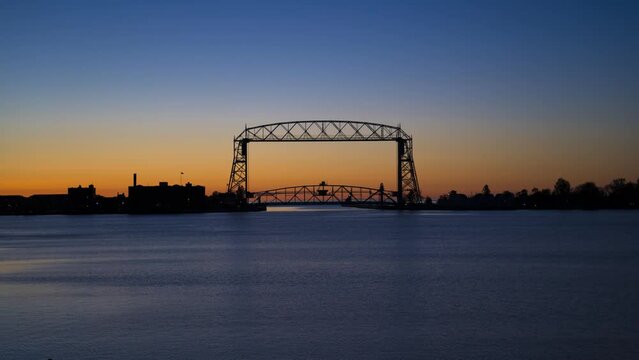 Sunrise timelapse of Duluth Lift Bridge on Lake Superior in Minnesota