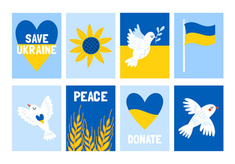 Obraz premium Save Ukraine concept banner set with Ukraine national flag, pigeon and heart shape. Childish print for social media, poster and banner design