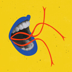 Contemporary art collage. Giant female mouth with blue lipstick cheerfully and actively talking isolated over yellow background