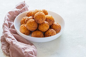Doughnuts. Homemade cakes made from curd balls. Cottage cheese donuts  with powdered sugar. Selective focus