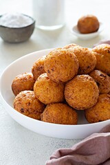 Doughnuts. Homemade cakes made from curd balls. Cottage cheese donuts  with powdered sugar. Selective focus