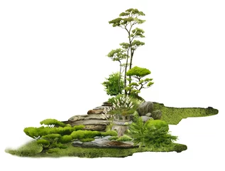 Fotobehang Een Japans landschap met een stenen tuinlantaarn, kruiden, stenen, groene struiken, bomen en een stenen pad met de hand getekend in waterverf op een witte achtergrond. Aquarel illustratie. © Tatiana