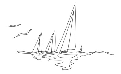 Yachts on sea waves. Seagull in the sky. Draw one continuous line illustration. Isolated on white background
