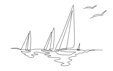 Yachts on sea waves. Seagull in the sky. Draw one continuous line illustration. Isolated on white background