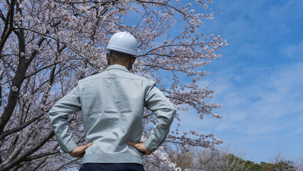 桜の花と作業服姿の男性｜建設業入社イメージ