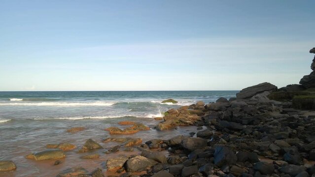 Arial shot over the Buzios bay in Brazil. Azedinha Beach in Buzios, Rio de Janeiro, Brazil. Sunset seascape of Buzios.