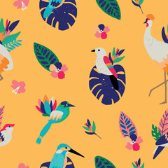 Yellow seamless pattern with exotic birds and plants. Design for fabric, wallpaper, textile and decor.
