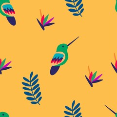 Yellow seamless pattern with exotic birds and plants. Design for fabric, wallpaper, textile and decor.