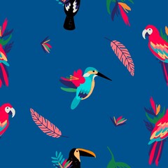 Vector seamless pattern with exotic bird and tropical plants. on blue background. Design for fabric, wallpaper, textile and decor. 