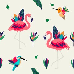 Vector seamless pattern with pink flamingos, exotic birds and plants. Design for fabric, wallpaper, textile and decor. 