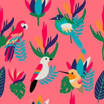 Vector seamless pattern with exotic bird and tropical plants on a pink background. Design for fabric, wallpaper, textile and decor.