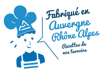 Logo fabriqué en Auvergne Rhône Alpes, chef avec toque, recettes de cuisine de notre terroir.