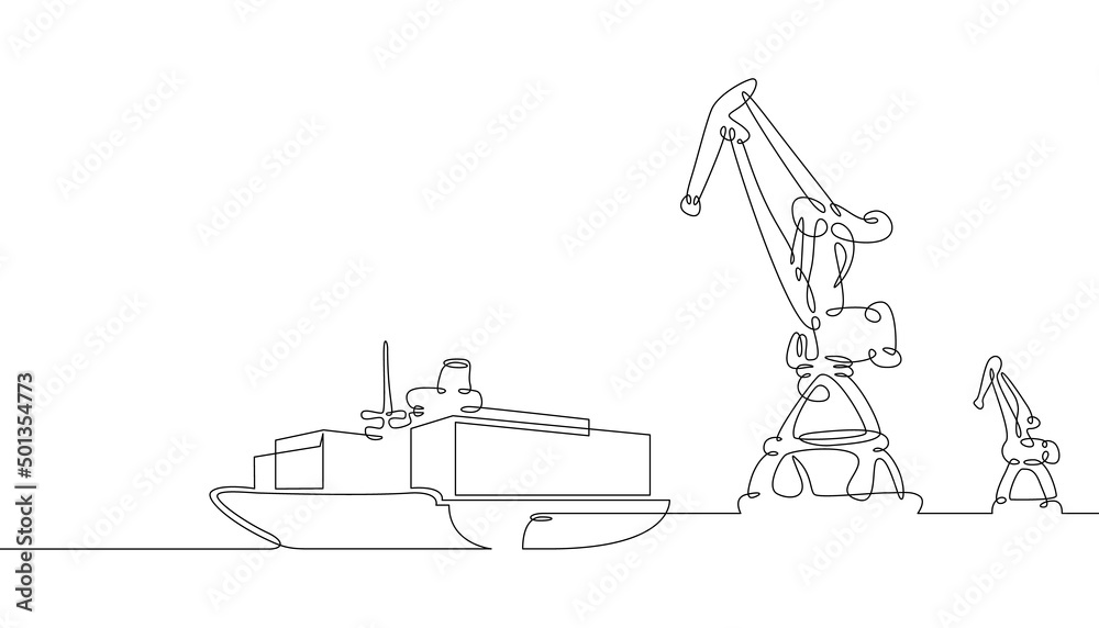 Poster one continuous line. cargo seaport. pier with loading cranes. unloading arrived cargoes. port dock. 