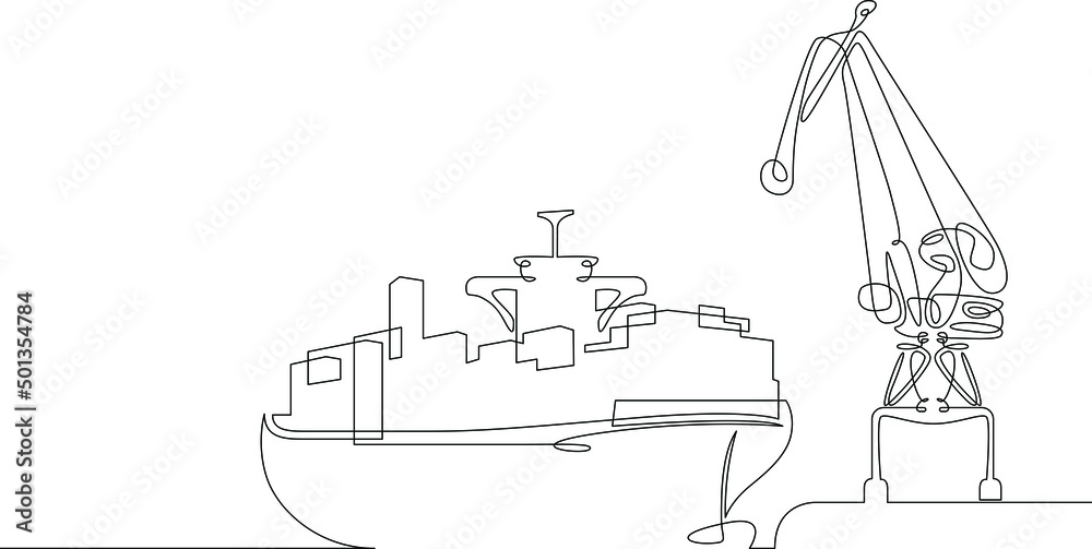 Poster one continuous line. cargo seaport. pier with loading cranes. unloading arrived cargoes. port dock. 