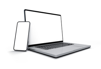 Laptop and smartphone device with blank screen, isolated on white background