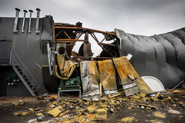 Hostomel, Kyev region Ukraine - 09.04.2022: A metal supermarket burned out completely after a...