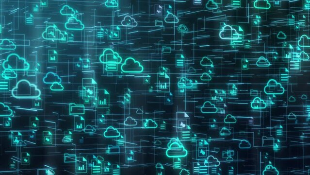 abstract network with clouds and different file and folder icons, sharing data, concept of cloud computing, smart working, global business, big data (3d render)