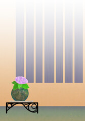 紫のあじさい苔玉・雨の日の和モダン室内飾り背景イラストベージュパープル系