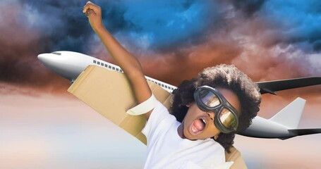 Animation of happy african american boy playing over plane