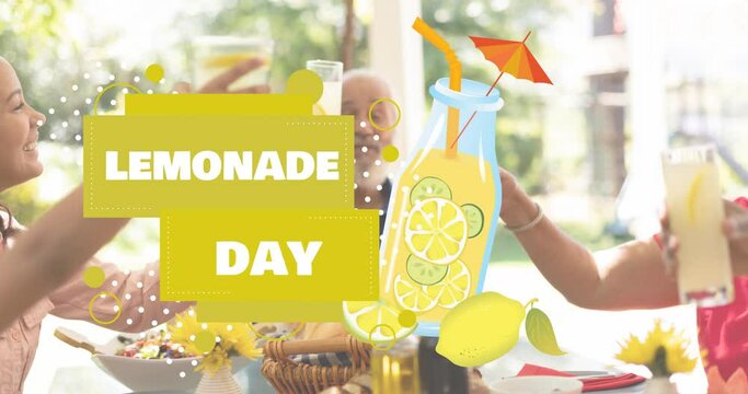 Animation of lemonade day text and lemonade icon over caucasian family drinking lemonade
