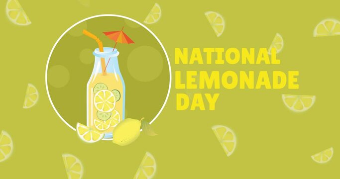 Animation of national lemonade day text and lemonade icon over orange background