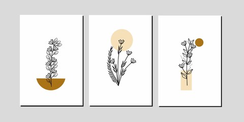 Set three of minimal black and white line art flower wall art. One continuous line Flower wall Decor. Scandinavian wall decorations. Can use for home Decorations, poster, wallpaper, cards, background