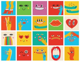 Collection of crazy Abstract comic characters elements and faces. Bright colors Cartoon style. Vector Illustration