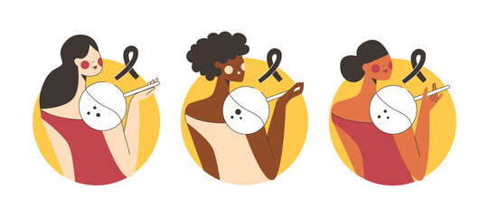 Sunburn and skin cancer or melanoma awareness month cartoon vector illustration. Women's birthmark spot prevention health screening and detection disease. Oncology problem check. Isolated on white