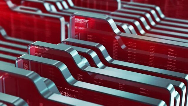 undulating folder icons with abstract data, document management system, concept of cloud computing, big data, software development, computer security, red color (3d render)