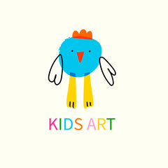 Cute little bird or chicken. Kids art. Childish style drawing. Hand drawn colorful Vector illustration. Kindergarten, children art school logo or poster template. Bright isolated icon