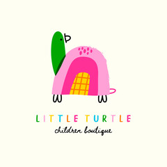 Little turtle. Cute reptile. Childish style drawing. Hand drawn colorful Vector illustration. Kindergarten, children boutique, elementary school logo template. Bright isolated icon