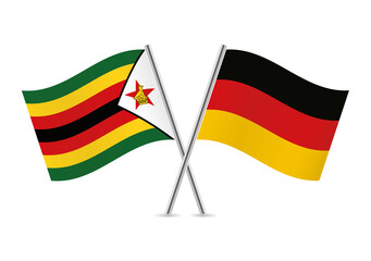 The Republic of Zimbabwe and Germany crossed flags. Zimbabwean and German flags on white background. Vector icon set. Vector illustration.