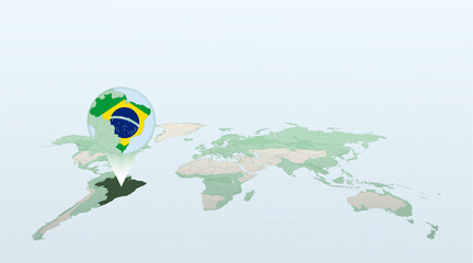World map in perspective showing the location of the country Brazil with detailed map with flag of Brazil.