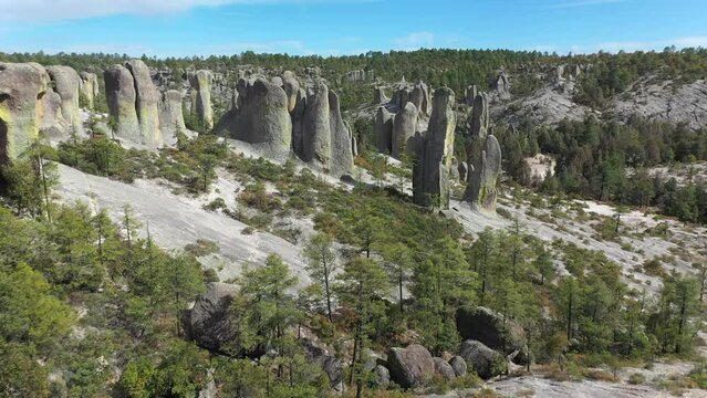 Travelers standing on rock formations of Valle de los Monjes, Chihuahua, forward aerial