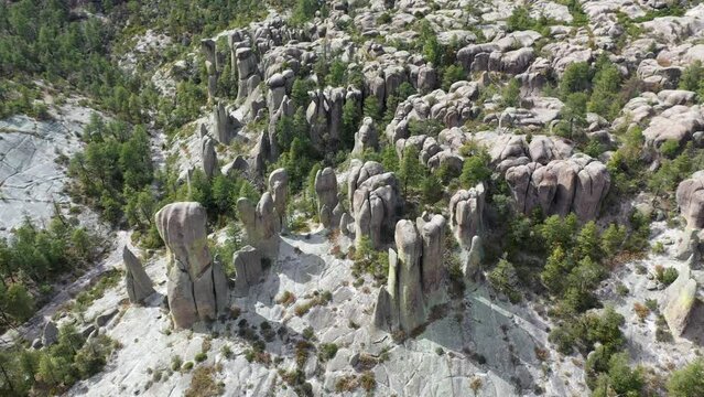 Rock formations of Valle de los Monjes, Chihuahua, high aerial circle shot