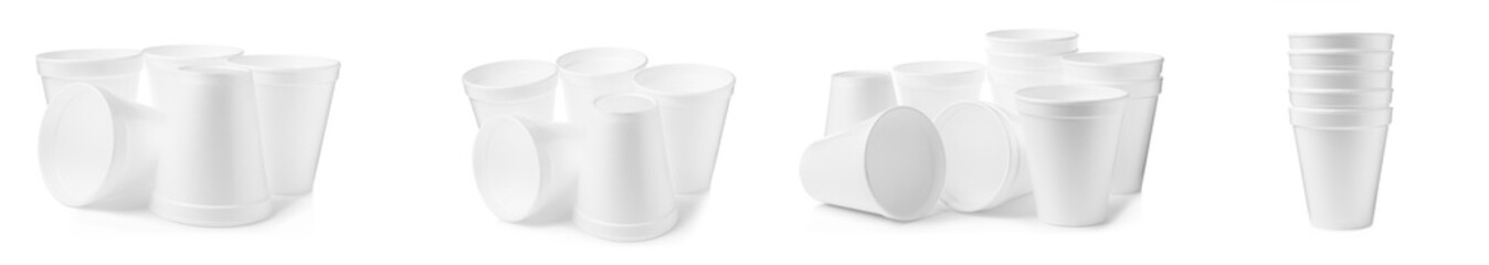 Set with styrofoam cups on white background. Banner design