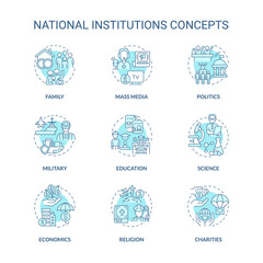 Social institutions turquoise concept icons set. Norms and values. Social organizations idea thin line color illustrations. Isolated symbols. Editable stroke. Roboto-Medium, Myriad Pro-Bold fonts used